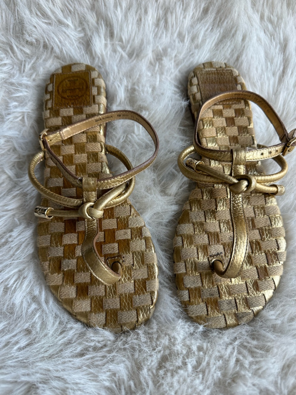 Tory Burch Metallic Gold Woven Leather Sandals